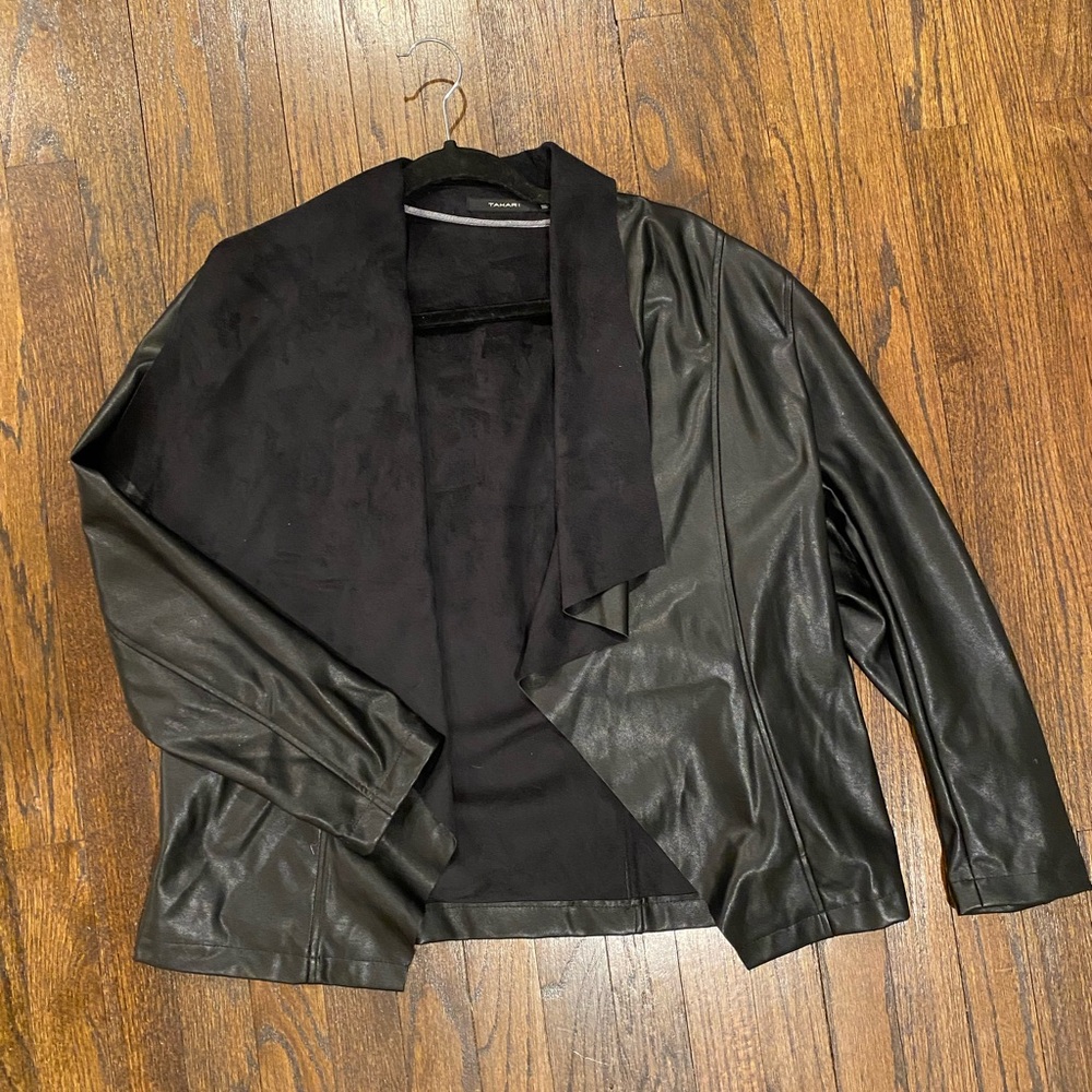 Tahari Faux Leather Jacket- Suede Lined. Size L. Waterfall front- so flattering!